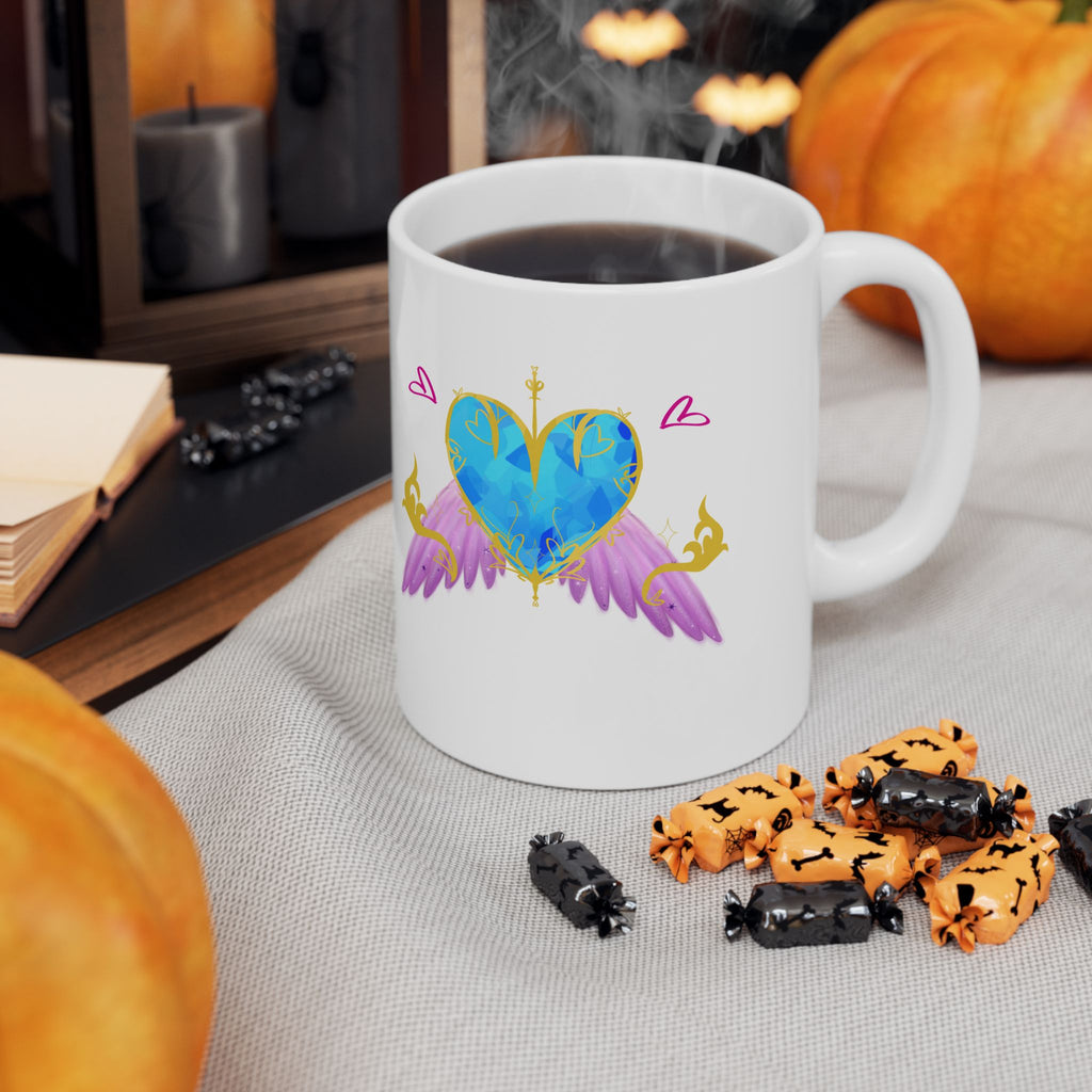 Crystal Blue Heart Alicorn Ceramic Mug — Cute Winged Heart Coffee Cup (11oz & 15oz)