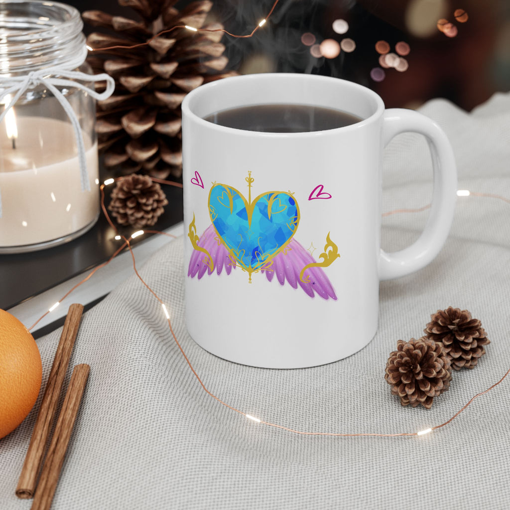 Crystal Blue Heart Alicorn Ceramic Mug — Cute Winged Heart Coffee Cup (11oz & 15oz)