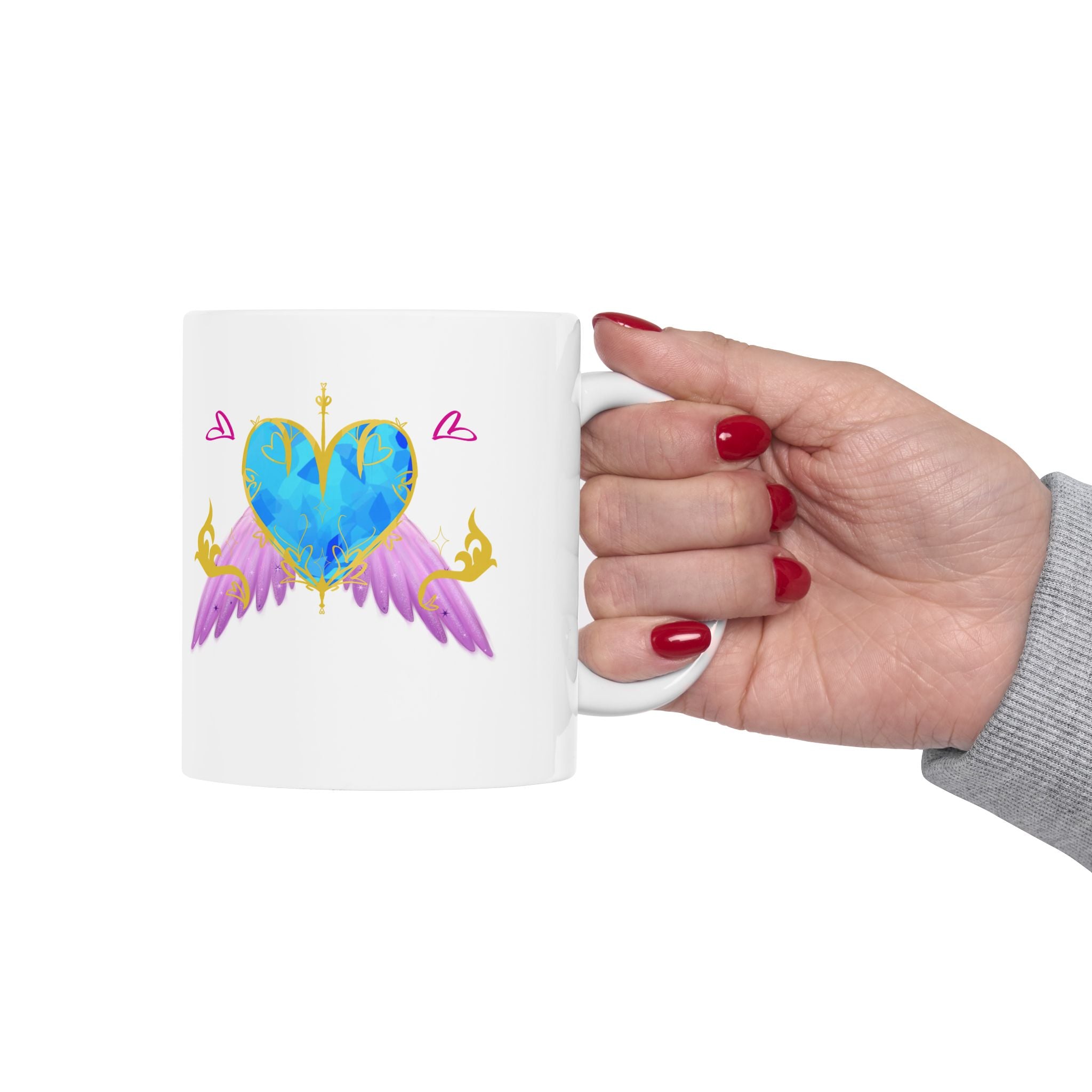 Crystal Blue Heart Alicorn Ceramic Mug — Cute Winged Heart Coffee Cup (11oz & 15oz)